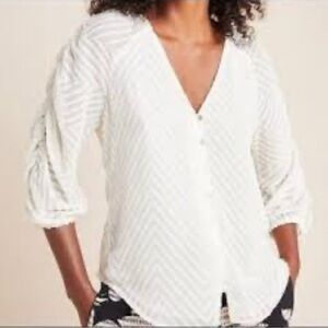 Anthropologie Dolan Shirred Cream Blouse Womens Small V Neck 3/4 Sheer Sleeves